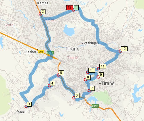 Map of optimised route serving multiple stops created with Maptitude Albania map software