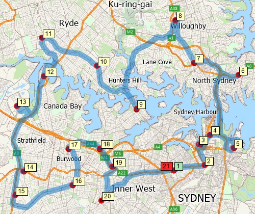Map of optimised route serving multiple stops created with Maptitude Australia map software