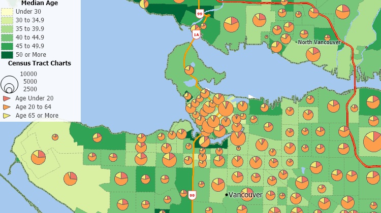 Maptitude map of age distribution in Vancouver