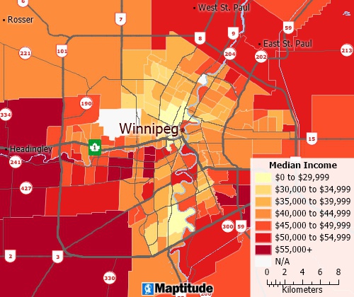 Winnipeg income map created with Maptitude mapping software and Canada Country Package