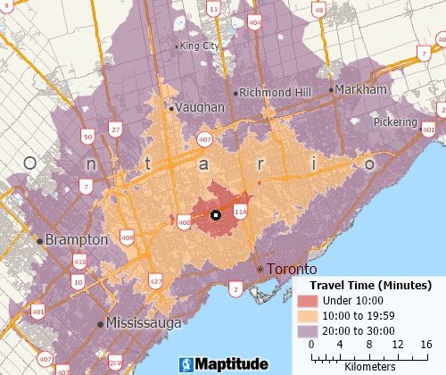 Drive-time analysis with Maptitude Canada mapping software
