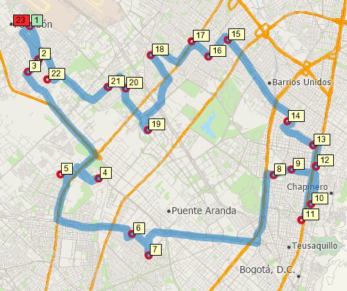 Map of optimized route serving multiple stops created with Maptitude Colombia map software