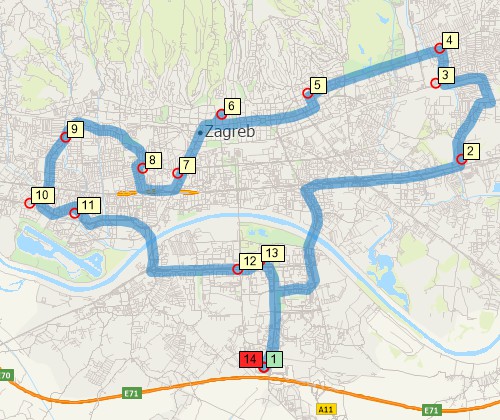 Map of optimised route serving multiple stops created with Maptitude Croatia map software