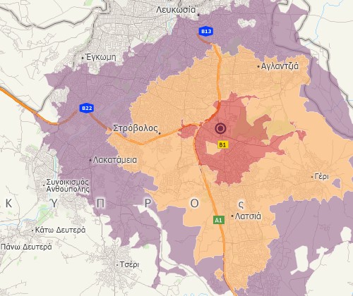 Drive-time analysis with Maptitude Cyprus mapping software