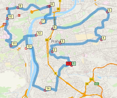 Map of optimised route serving multiple stops created with Maptitude Czechia map software