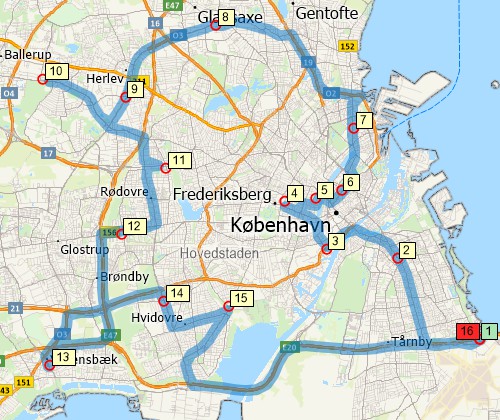 Map of optimised route serving multiple stops created with Maptitude Denmark map software