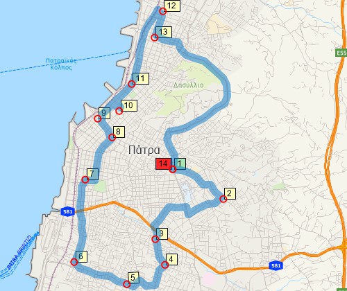 Map of optimised route serving multiple stops created with Maptitude Greece map software