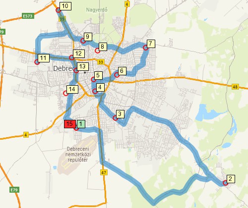 Map of optimised route serving multiple stops created with Maptitude Hungary map software