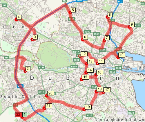 Map of optimised route serving multiple stops created with Maptitude Ireland map software