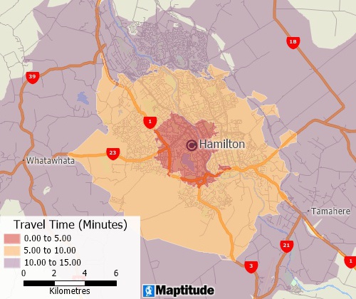 Drive-time analysis with Maptitude New Zealand mapping software