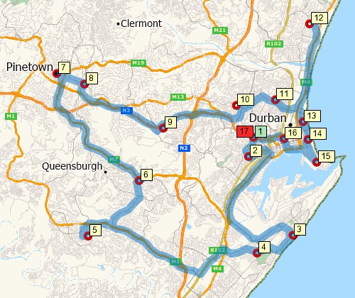 Map of optimised route serving multiple stops created with Maptitude South Africa map software