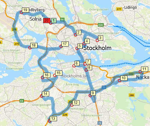 Map of optimised route serving multiple stops created with Maptitude Scandinavia map software