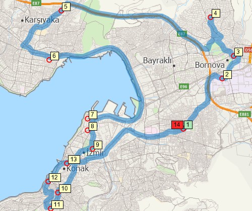 Map of optimised route serving multiple stops created with Maptitude Turkiye map software