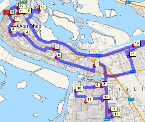 Map of optimised route serving multiple stops created with Maptitude UAE map software