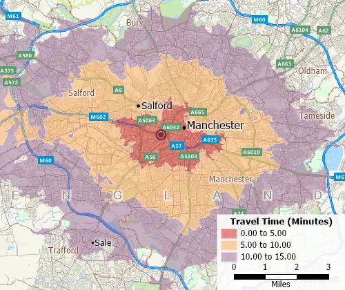 Map of Manchester location and drive-time rings created with Maptitude real estate mapping software