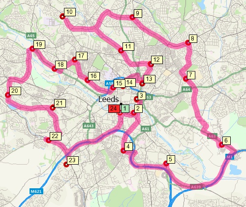 Map of optimised route serving multiple stops created with Maptitude UK map software