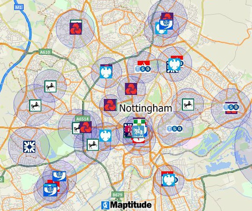 Map software UK map of Nottingham area bank locations