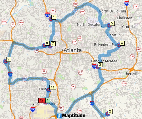 Map of optimized route serving multiple stops created with Maptitude USA map software