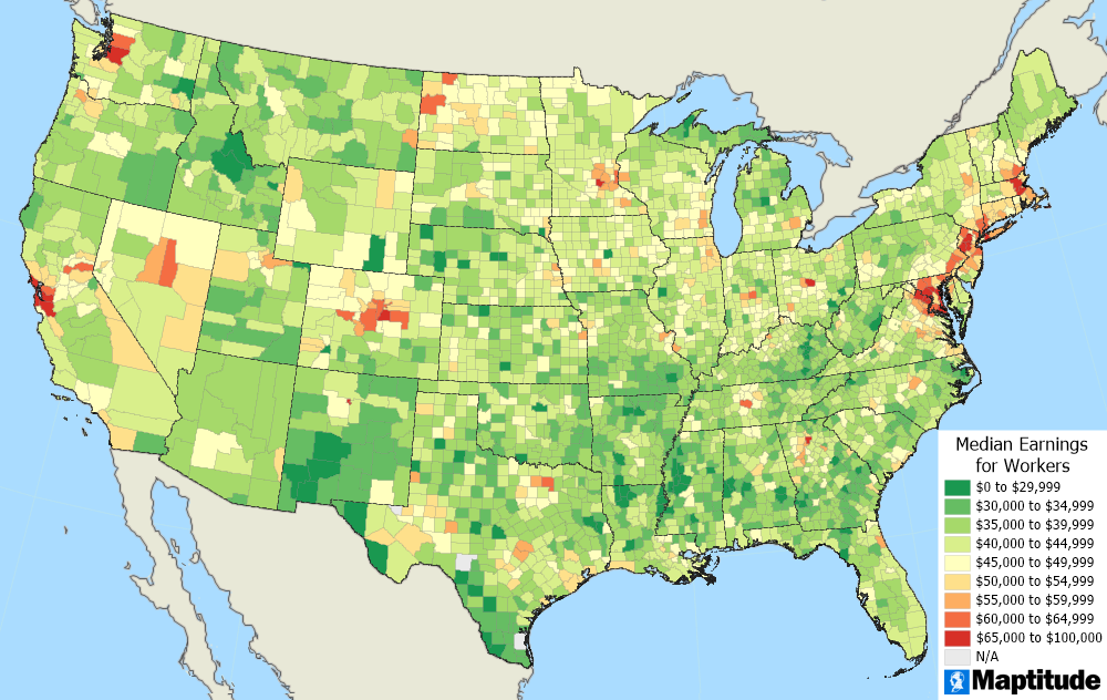 Maptitude mapping software map of U.S. counties with a color theme indicating the median earnings of workers