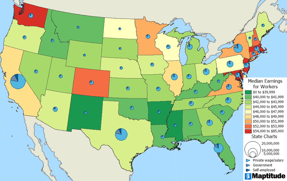 Maptitude mapping software map of U.S. states with a color theme indicating the median earnings of workers and a pie chart theme indicating source of earnings