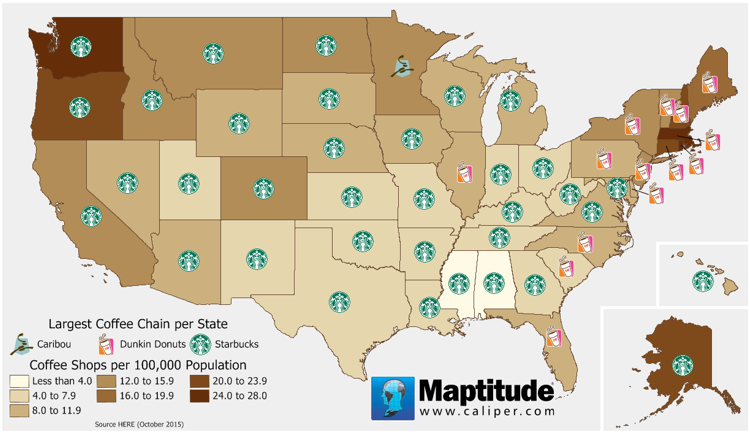 Maptitude map of Coffee Shop Concentration in the U.S.