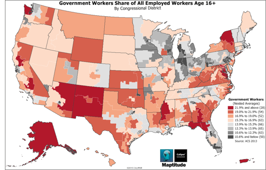 Map of government workers by congressional district