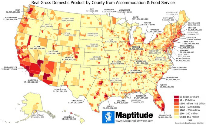 Maptitude map of county GDP from food service and accommodations