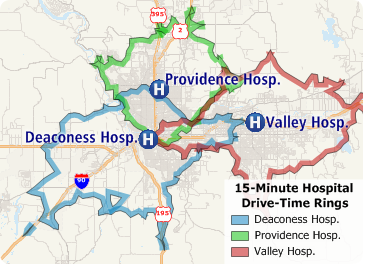 Maptitude map with named drive-time rings