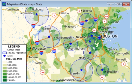 Maptitude Map of 100,000 Population Rings Around Stores