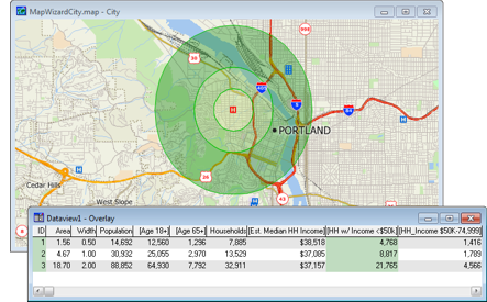 Ring overlay map with resulting demographics for each ring