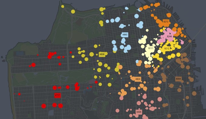 Maptitude map of clustered point features in San Francisco