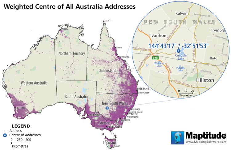 Maptitude featured map of weighted center of all Australia addresses