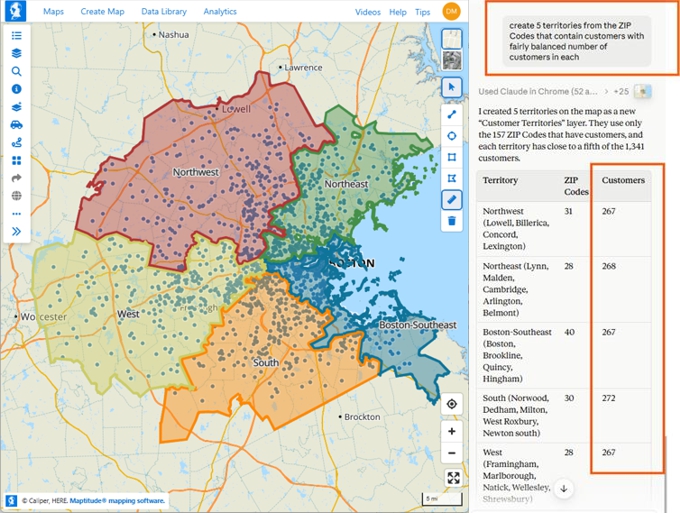 Maptitude Online map of five balanced customer territories built by an AI browser agent