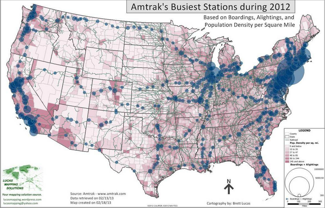 Amtrak Busy Stations weighted by Population Density