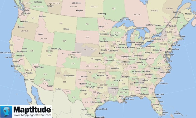 Featured Maptitude Map: Telephone Area Codes Included with Maptitude 2017
