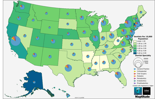 Map of Dentists per 10,000 population by U.S. State and Dentists by Specialty by State