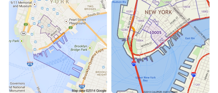Maptitude vs. Google ZIP Code Comparison for 10005 in New York City