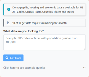 Maptitude Online AI-powered Data Library tab with a plain-language query and a results table
