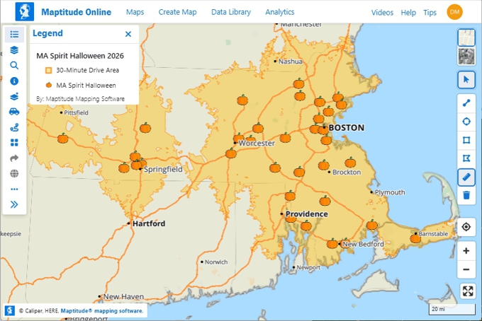 Maptitude Online map of Spirit Halloween store locations in Massachusetts, each shown with a pumpkin icon