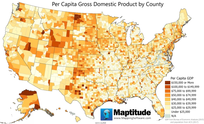 Maptitude map GDP per capita by county