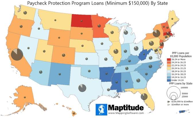Maptitude map with color theme of PPP loans per resident and chart theme of total loans by loan size