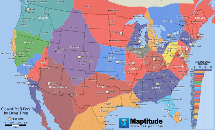 Maptitude map of closest MLB ballpark based on drive time