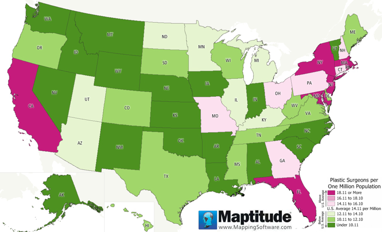 Maptitude map of plastic surgeons per million population by U.S. state