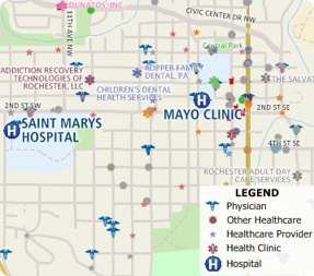 Sample Maptitude map of health care and provider facilities around the Mayo Clinic