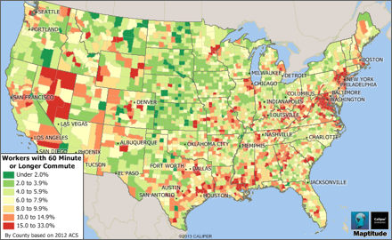 Commuters over one hour by county in the U.S.