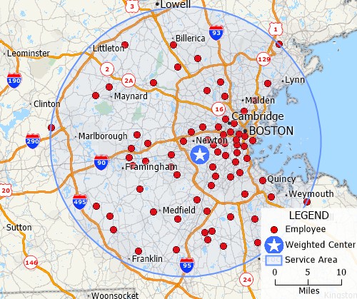 Site location map with employee locations and weighted center location created with Maptitude property management software