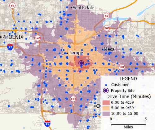 Map of customer locations and drive-time rings to proposed sites created with Maptitude real estate mapping software