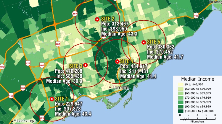 Canada demographic mapping software map with estimated demographics around locations on a map