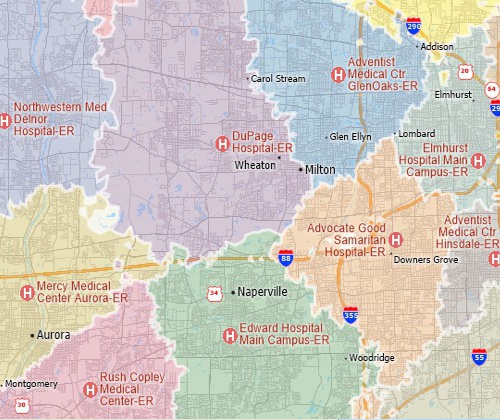 Territories based on drive-time to nearest hospital