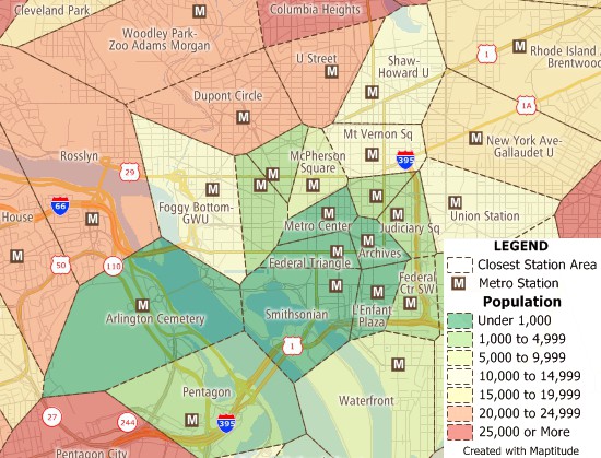 Map of Washington DC Metro stations and territories based on line distances created with territory mapping tool